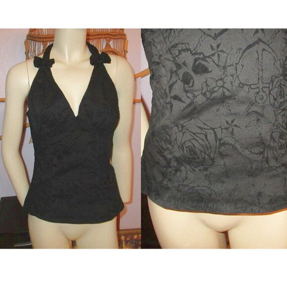 Vintage Y2K Flocked Velvet Halter Top Size M Skulls Bows Pin Up Rockabilly Vamp - Picture 1 of 12